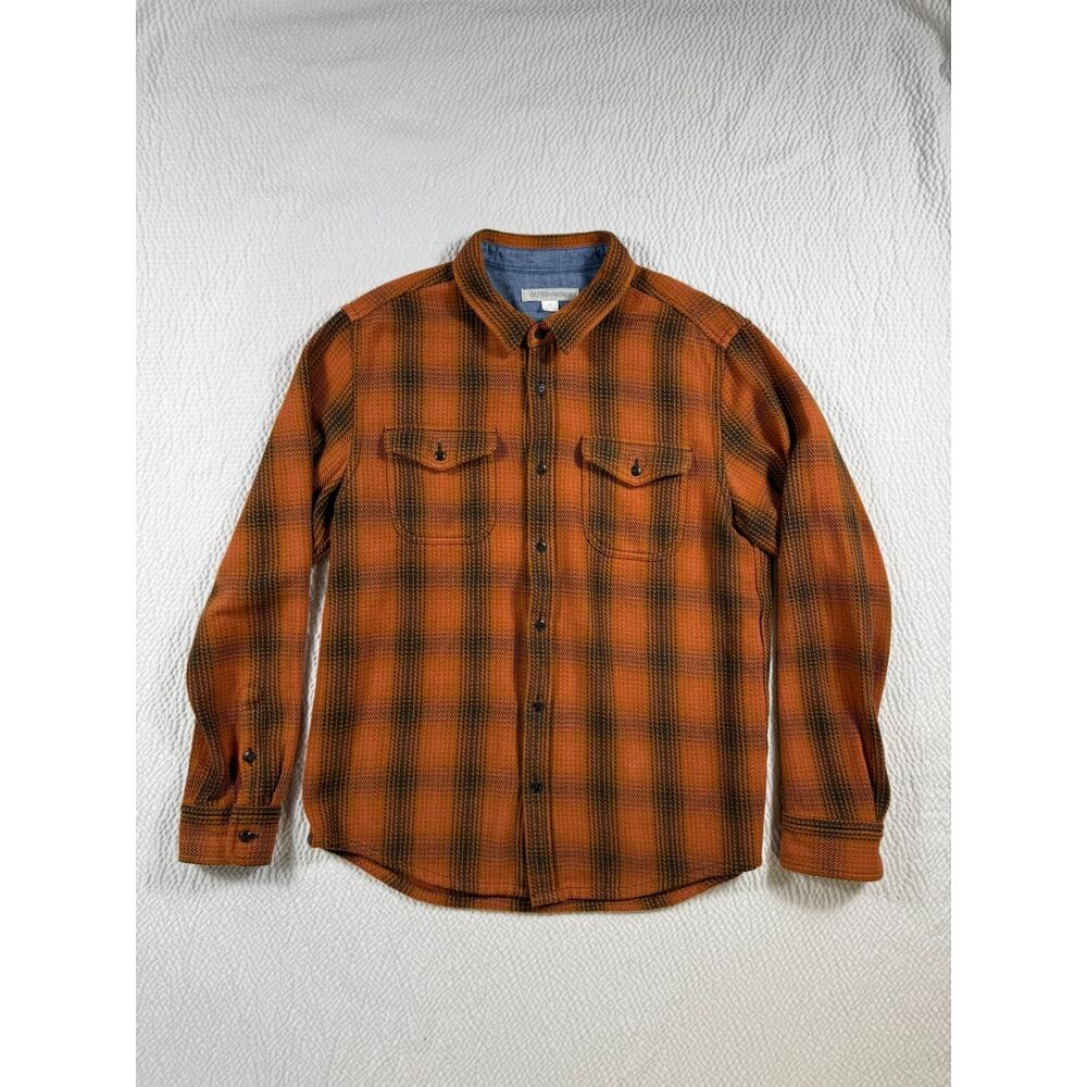 Outerknown Blanket Shirt Mens Large Orange Flannel Plaid Organic Cotton Hiking